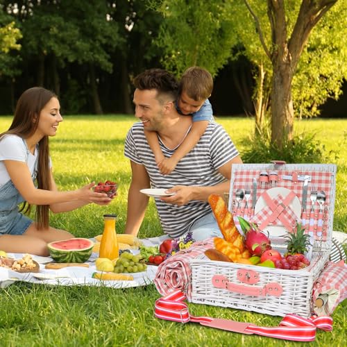 Picnic Basket for 2 with Blanket, Willow Picnic Basket Set with Shoulder Strap&Wine Pouch, Large Willow Hamper with Insulated Cooler for Outdoor, Camping, Beach, Couples, Wedding Gift - color: Pink and White Grid