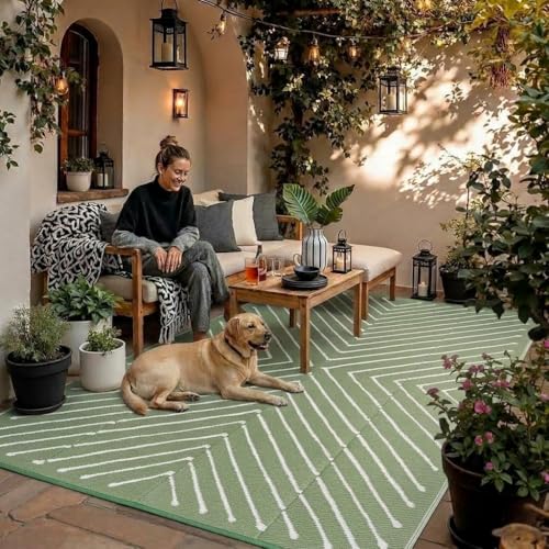 Garvee 8x10 Modern Striped Waterproof Outdoor Rug Reversible, Large Patio Camping Mat for RV, Backyard, Balcony, UV Protected Plastic Straw Outdoor Carpet, GreenWhite - color: Greenwhite, size: 8' x 10' (Rectangular)