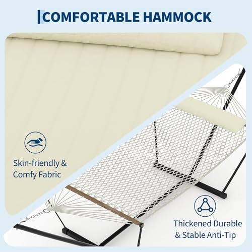 Double Hammock with Stand, Outdoor Quilted Padded Hammock with Heavy Duty Iron Frame, Portable Patio Swing Bed for Backyard Garden, 450 Lbs Capacity,Off White - color: Beige