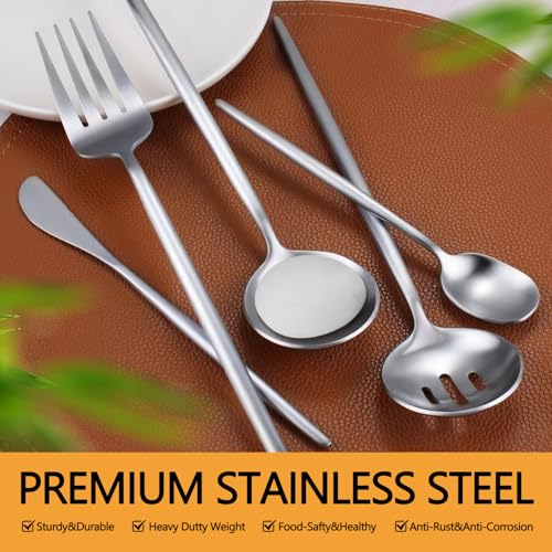 Large Serving Utensils Set,5 Pcs Stainless Steel Silver Serving Utensils with 10.8 Inch Serving Fork,10.3 Inch Serving Spoon,Slotted Serving Spoons,Sugar Spoons,Butter Knife for Party Buffet Banquet - color: Matte Silver