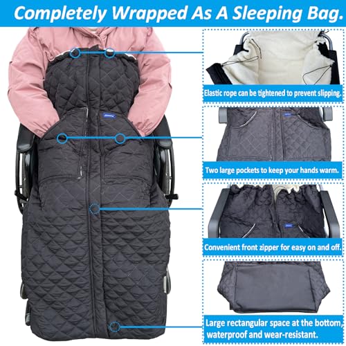 Wheelchair Blanket - Outdoor Lap Blanket with 2 Pockets for Hands - Waterproof and Windproof Foot & Leg Pocket Blanket - Thick Warm Fleece Lined Knee Blanket for Wheelchair, Recliner & Chair (L) - size: Large