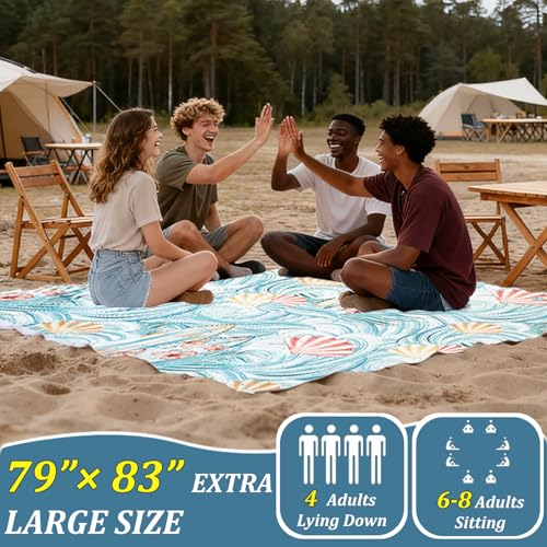 Beach Blanket Waterproof Sandproof Beach Mat 79" X 83" for 2-8 Adults, Sand Free Mat Quick Drying for Travel, Camping, Hiking with 4 Stakes & 4 Corner Pockets (Shell A) - color: Shell