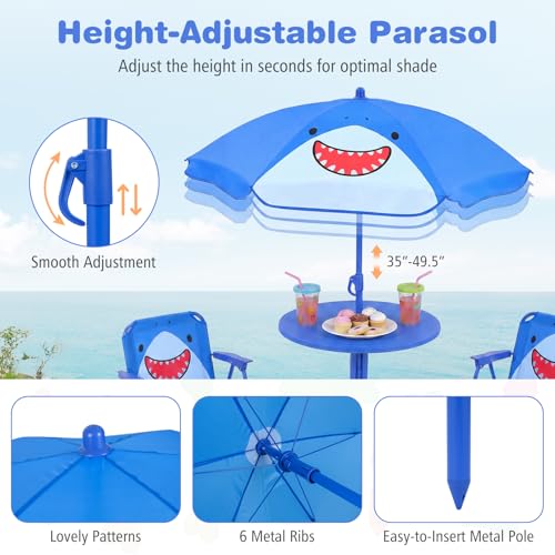 Costzon Kids Picnic Table, Kids Outdoor Table with 2 Folding Chairs, Height Adjustable Umbrella, Portable Children Outdoor Furniture for Patio, Garden, Backyard (Blue Shark) - color: Blue Shark