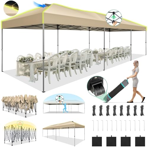COBIZI 10x30 Pop Up Canopy, Wedding Party Tent Without Sidewall One Push Setup Glow, 3 Adjustable Height Air Vent Waterproof UPF50+, Wheeled Bag, 4 Sandbag, 8 Stake, Ropes for Commercial, Outdoor - color: Khaki, size: 10x30