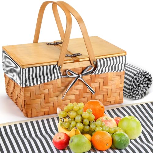 Blushtier Picnic Basket with Blankets Kit, Handwoven Natural Woodchip Basket with Lid Handle and Extra Large Foldable Waterproof Picnic Mat for Outdoor Camping Beach Grass Party Hiking Travel (Black)