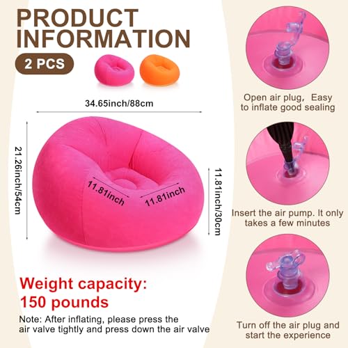 Lunmon 2 Pcs Small Bean Bag Chair Inflatable Chair Blow up Games Sofa Foldable Flocking Inflatable Lazy Sofa Portable Blow up Lounger for Living Room Bedroom (Orange,Rose Red) - color: Orange, Rose Red