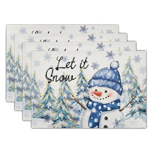 Winter Placemat Set of 4, 12x18 Inch Farmhouse Seasonal Snowman Snow Linen Washable Heat Resistant Table Mats for Holiday Party Picnic Dining Decoration - color: Winter Snowman