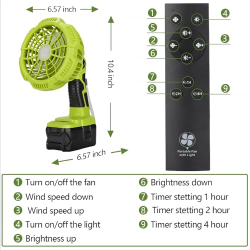 18V Cordless Fan Compatible with Ryobi 18V Battery, Battery Operated Fan for Camping with LED Light, Remote, 3 Wind/Brightness Modes, Timer for Tent Camping - style: Style 1