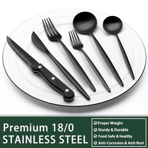 EWFEN 24-Piece Black Silverware Set with Steak Knives, Black Flatware Set for 4, Food-Grade Stainless Steel Tableware Cutlery Set, Mirror Finished Utensil Sets for Home Restaurant, Long Edge - style: Long Edge