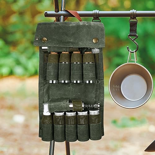 TOBWOLF Portable Spice Bag for Travel, Camping Spice Kit with 8 Jars, 2 Salt/Pepper Grinders, 1 Oil Spray, Foldable Canvas Seasoning Storage Bag, Condiment Container Set for Outdoor Picnic BBQ - Green - color: Green