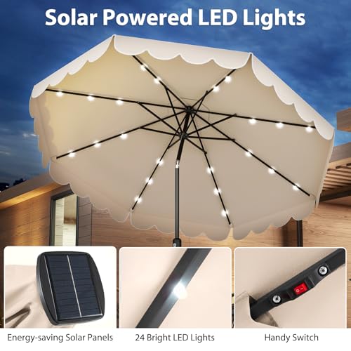 Tangkula 10FT Solar LED Patio Umbrella, 2-Tiers Scalloped Outdoor Table Market Umbrella with 24 LED Lights, Vented Top, Tilt Adjustment, Crank, 8 Ribs for Backyard Poolside Deck Beach Lawn (Beige) - color: Beige, size: 10Ft