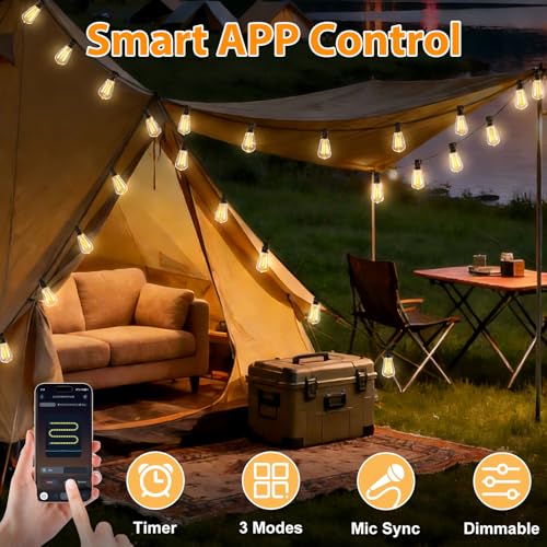 LumBelle Smart Outdoor String Lights, 200FT ST38 LED Patio Lights with Timer Remote APP Control, 84 Shatterproof LED Bulbs (4 Spare), Dimmable Waterproof Hanging Light for Backyard Porch Party Decor - size: 200FT