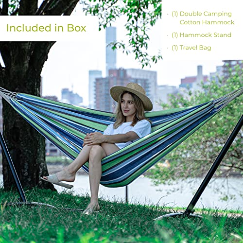Backyard Expressions Double Camping Hammock with Steel Stand & Carrying Bag, Adjustable Height, Ultra Soft Cotton Blend, 550 lb Capacity, Indoor & Outdoor Portable Hammock - color: Verdant Bay
