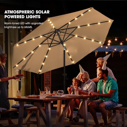 wikiwiki 9FT Solar Led Patio Umbrella with Base Included, 32 LED Lights, 8 Sturdy Ribs, Fade Resistant Waterproof POLYESTER DTY Canopy for Garden, Lawn, Deck, Backyard & Pool, Tan - color: Tan, size: 9FT