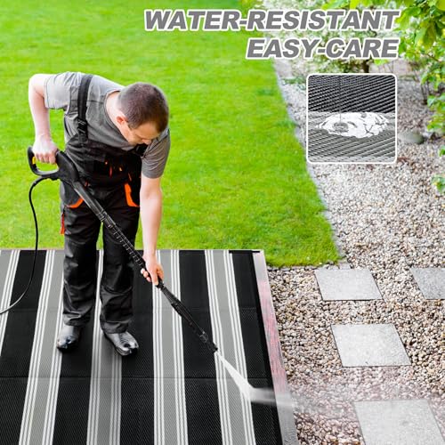 Lahome Striped Outdoor Plastic Straw Rug, Reversible Outdoor Rug Waterproof 9x12 Rugs for Patio, RV Camping Rug Picnic Mat Outside Large Carpet for Beach Deck Backyard Balcony(Black/Grey,9'x 12') - color: Black/Multi, size: 9'x12'
