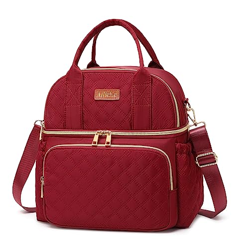 AIJIEKE Large Insulated Lunch Bag for Women, Double Compartment Leakproof Lunch Box for Work Office, Reusable Cooler Tote with Adjustable Strap & Side Pockets for Adults Picnic Beach, Red - color: Red