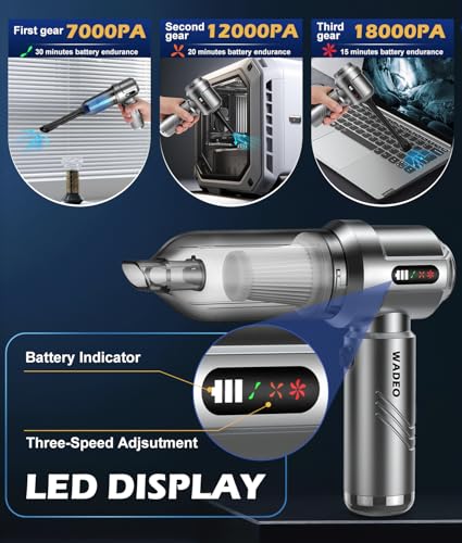 WADEO Car Vacuum Portable Cordless 18000PA, 4-in-1 Handheld Vacuum Cleaner and Air Duster with LED Display & Multi-Nozzles, Mini Hand Held Vacuum Rechargeable for Home, Car, Office, Pet Hair - color: Silver Gray With Led Display