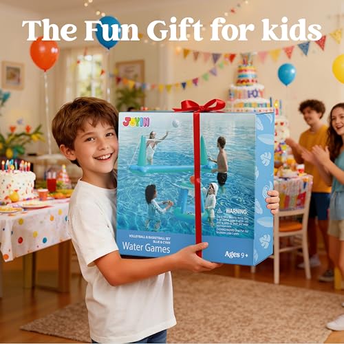 JOYIN XL Inflatable Pool Float Set, 125'' Volleyball Net & Basketball Hoops, Extra Large Floating Swimming Game Toy for Kids and Adults, Summer Floaties, Volleyball Court|Basketball, XL-Blue, Cyan - color: Blue Cyan, size: X-Large