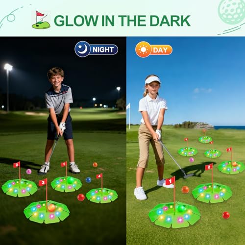 TERRAMUS Light Up Golf Play Set - Upgraded Kids Toy Golf Putting Game Set with 6 LED Targets, 2 Clubs, 6 Balls (2 Glow), Night Golf Toys Gifts for Kids Golfers Family Indoor Outdoor Beach Lawn Park - color: Green