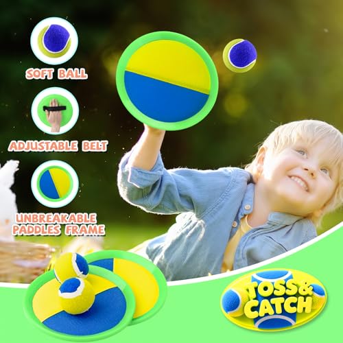 Outdoor Games - Beach Toys, Toss and Ball Set with 4 Paddles and 3 Balls, Perfect Yard Games Sets, Playground Sets for Backyards Easter Basket Stuffers for Kids/Adults/Family - color: Yellow