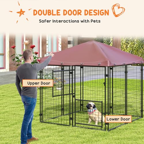 PawHut 4.6' x 4.6' x 5' Dog Kennel Outdoor with Waterproof Cover, Dog Playpen for Small and Medium-Sized Breeds, Chickens, Ducks, with Two Part Door Design, Brown