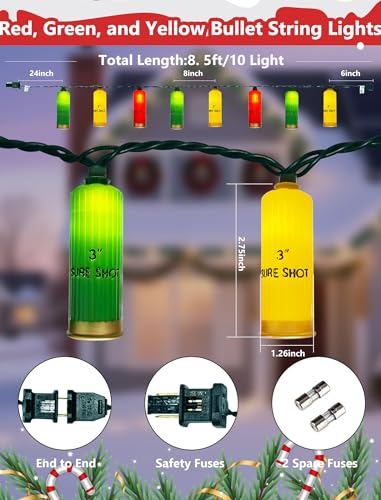 8.5Ft Multicolor Shotgun Shell String Lights Plug in, 10 LED Red Green Yellow Bullet Shape Lights, Connectable Hanging Bullets Lights for Patio Party Cinco de Mayo Mexican Fiesta Christmas Tree Decor - color: Red Green and Yellow Bullets