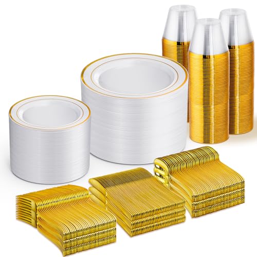 WELLIFE 600 PCS Gold & White Disposable Dinnerware Set for 100 Guests — White Plastic Plates with Gold Rim, Dinner & Salad Plates, Cups, Forks, Knives & Spoons for Weddings & Elegant Events - color: Gold, size: 100 Guests