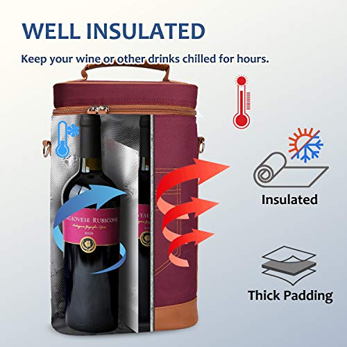 Tirrinia 2 Bottle Wine Gift Tote Carrier - Leakproof & Insulated Padded Versatile Wine Cooler Bag for Travel, BYOB Restaurant, Wine Tasting, Party, Dinner, Gift for Wine Lovers, Red - color: Red, size: 2 Bottle-without front pocket