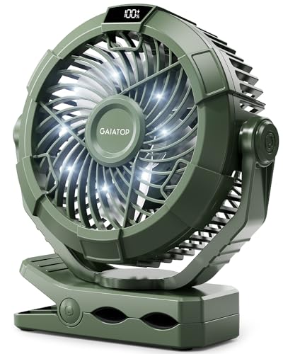 Gaiatop Portable Camping Fan with LED Lantern, 360°Rotation and Clip on for Desk, 4000mAh USB Rechargeable Battery Powered, Digital Display and Hanging Hook for Tent Outdoor Travel Bedroom Green - color: Green