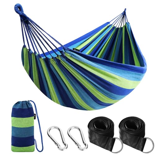 ANYOO Cotton Hammock Portable Camping Hammocks for Hanging Sturdy Garden Comfortable Fabric Hammock with Tree Straps Up to 660lbs with Travel Bag for Camping Outdoor/Indoor Patio Backyard - color: Green