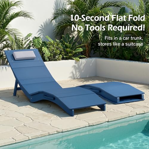 Stoog Folding Pool Lounge Chair, HIPS Outdoor Anti-Floating Recliner with Headrest, Pool Chairs for Hotel, Beach & Sun Decks, Blue - color: Blue