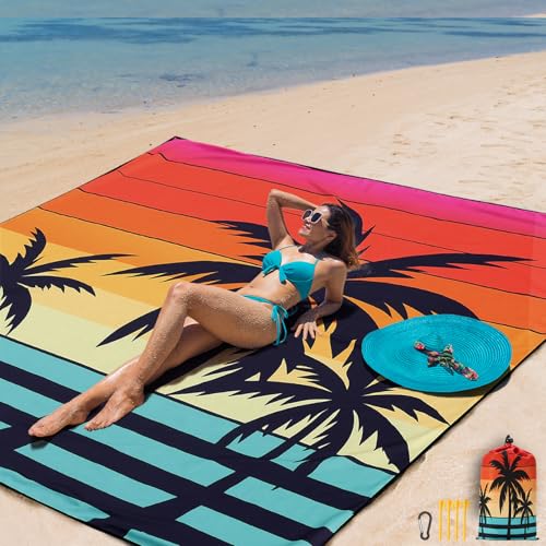 AISPARKY Beach Blanket Waterproof Sandproof Extra Large, Oversized Beach Mat, Quick Drying&Compact&Lightweight, Picnic Blankets Vacation Essentials for Outdoor Beach Camping (79" X 83" (4 Person)) - color: Red Orange - Coconut Tree, size: 6'11" x 6'7"