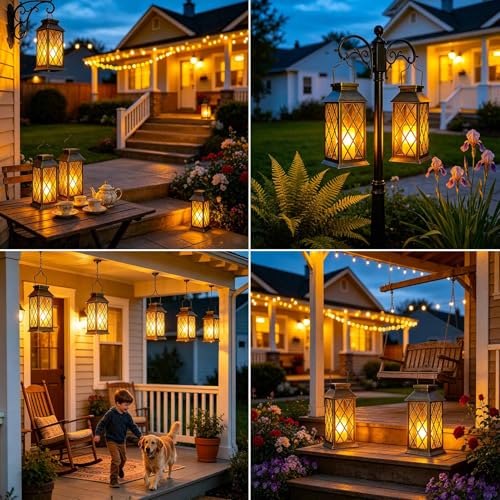 Solar Lanterns Outdoor Waterproof, Flickering Candles Hanging Solar Lights for Outside Garden Patio Wall Porch Decorative, Lamp with Upgraded Solar Panel, Tempered Glass & Clip, Bronze 2 Pack - style: Bronze*2, 4.2*4.2*8.7in