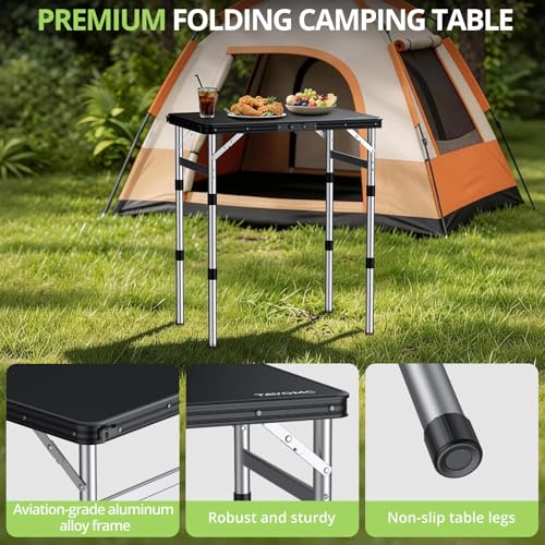 2ft Plastic Folding Table, 3 Adjustable Height Waterproof Small Folding Camping Table Lightweight & Portable with Carry Handle, for Indoor Outdoor RV Travel Picnic Beach, 22.8" X 15.7", Black - color: Black