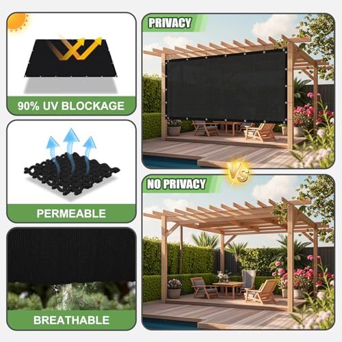 90% Outdoor Sun Shade Cloth, 6'×12' Pergola Shade Cover with Grommets, Privacy Screen Sunshades for Patio Garden Backyard Plant, Black - color: Black, size: 0 6 X 1 2 FT