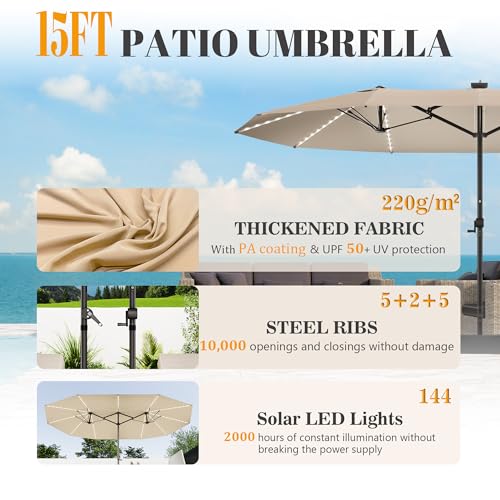 GDPFN 15ft Rectangular Patio Umbrella with Solar LED Lights, Double-Sided Outdoor Market Umbrella with Base Included, Extra Large Shade for Pool, Deck, Backyard, Garden, Beige - color: Beige, size: Base&led