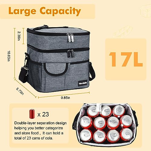 Tirrinia Large Insulated Lunch Box for Women Men, Double-Layer Leak-Proof Reusable Lunch Bag with 4 Pockets for Adult, Lunch Bag Cooler Tote for Office Work and Travel,Carbonarius - color: Charcoal, size: Large Double Layer-17L