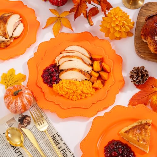 COLOSUS 100pcs orange Disposable Plastic Plate-Heavy duty plate for Party/Wedding/anniversary 50 dinner plates and 50 dessert/salad plates - color: Orange