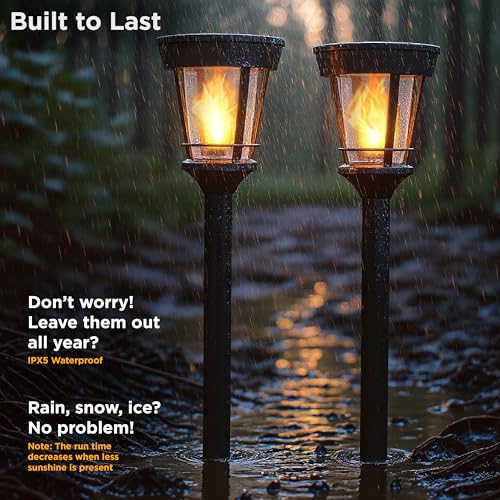 FoxFlame Classic Solar Path Torch - Elegant Flickering Flame Effect with Patented LED,IP65 Waterproof,Solar-Powered Lighting for Garden,Yard, and Landscape Ambiance Easy Stake Installation (2 Pack) - style: Classic Path Torch