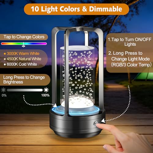 Portable Table Lamp for Outdoor Indoor: Cordless Rechargeable Desk Lamp with 10 Colors - Shower Lamp with Stepless Dimmable - Metal Battery Operated Lantern Light for Bedroom/Bar/Coffee Shop/Camping - color: Black Bubble+RGB