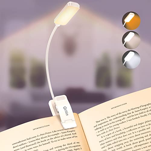 Gritin 9 LED Rechargeable Book Light for Reading in Bed -Eye Caring 3 Color Temperatures,Stepless Dimming Brightness,80 Hrs Runtime Small Lightweight Clip On Book Reading Light for Studying-White - color: ‎White