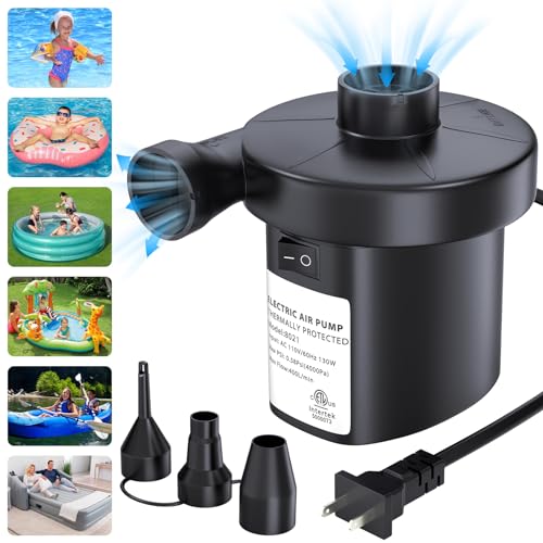 Electric Air Pump for Inflatables, VANNPOOY Portable Air Mattress Pump, Quick Inflate Deflate Plug in Air Pump with 3 Nozzles, Blow up Pool Float Inflator Pump for Airbed Toys Boat Couch Swimming Ring