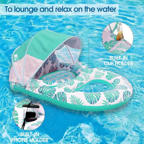 COOLCOOLDEE Pool Lounge Float with Canopy UPF50+,Extra Large Pool Floats for Adults Heavy Duty,Inflatable Lounger Float with Cup Holder & Backrest,Footrest - color: Green