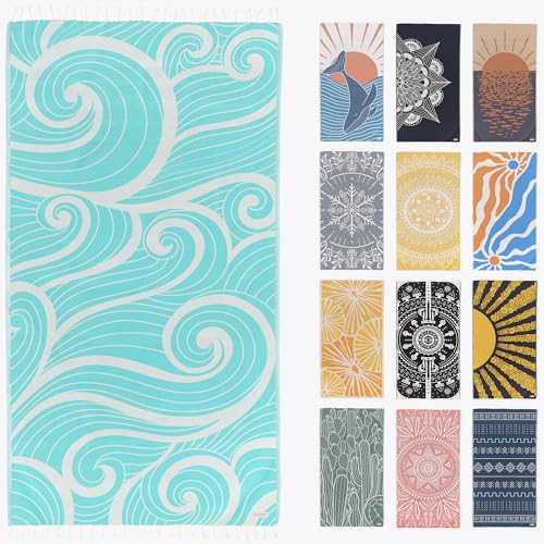 FESHKA Sand Proof Turkish Beach Towel – Oversized, Quick Dry & Lightweight Travel Towel - 100% Organic Cotton Beach Blanket - Perfect for Bath, Pool & Picnic | Summer Waves (Turquoise) - color: 04 - Turquoise