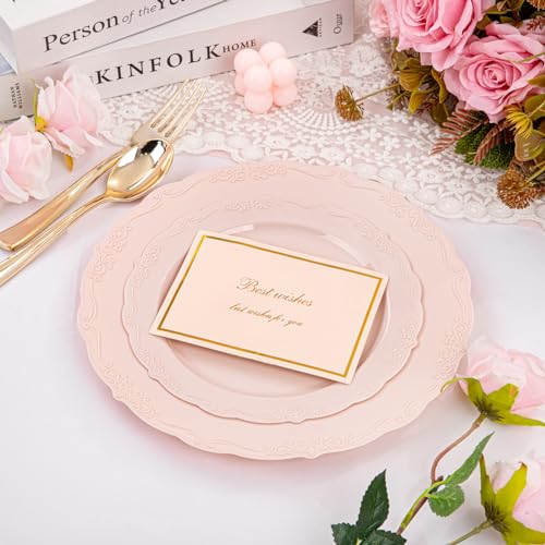 U-QE 100PCS Mauve Pink Plastic Plates - Heavy Duty Pink Disposable Plates for Mothers Day, Party, Baby Shower, Wedding - Serving 50 Guests Include 50PCS 10'' Dinner Plates & 50PCS 7.5'' Dessert Plates - color: Mauve Pink