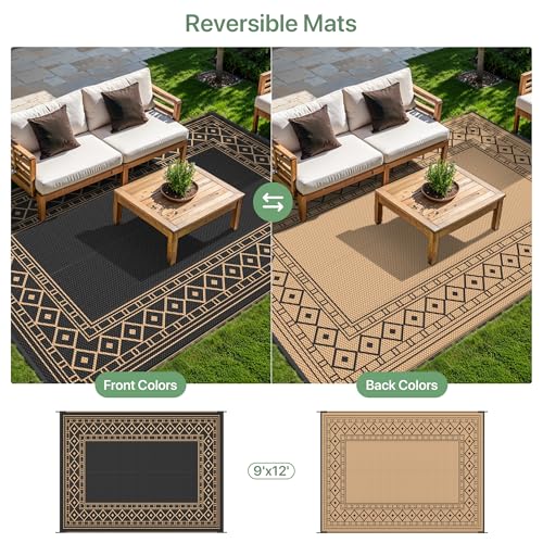 GENIMO Outdoor Rug Waterproof 9'x12' for Patio, Foldable Reversible Plastic Straw Carpet for Travel Trailers, Outside Area Mat for Rv, Deck, Picnic, Porch, Camper, Balcony, Beach, Black & Brown - color: Black & Brown | Natural, size: 9' x 12' (Rectangular