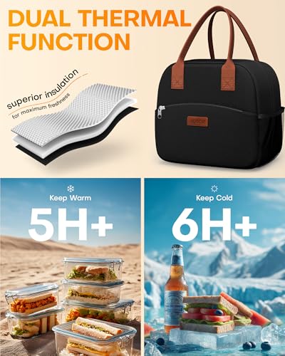 HOTOR Lunch Bag for Women & Men - Wear-Resistant Insulated Lunch Box with Large Capacity, Multi-Functional Cooler Bag for Office, Picnic, Black, 10L,10.60" x 5.90" x 9.50" - color: Black, size: 10L