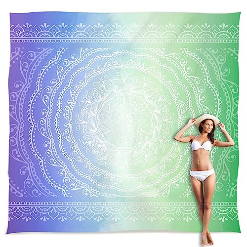 Sunlit Silky Soft Sand Proof Beach Blanket 106"x81" / 85"x72" Sand Proof Mat with Corner Pockets and Mesh Bag for Beach Party, Travel, Camping and Outdoor Music Festival, Mandala - color: Green Violet, size: 120"x108"