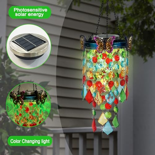 Hanging Solar Lanterns Outdoor Chandelier,Colorful Metal Butterfly with Acrylic Crystal Wind Chimes for Outside,Solar Lights Color Changing LED Outdoor Decorative for Paito,Porch,Yard - color: Butterfly