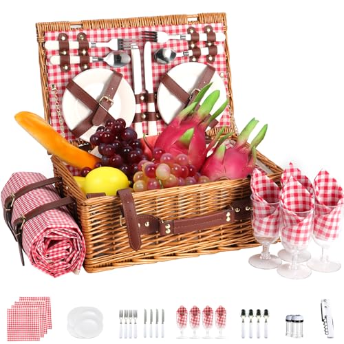 Neti Neti Wicker Picnic Basket for 4 with Insulated Cooler & Waterproof Blanket – Large Willow Picnic Hamper for Outdoor, Camping, Beach, Romantic Dates, Valentine’s Day - color: Red Plaid